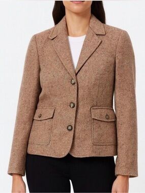 Vintage L.L. Bean Tailored Wool Silk Blend Tweed Blazer Tan 3 Button Jacket